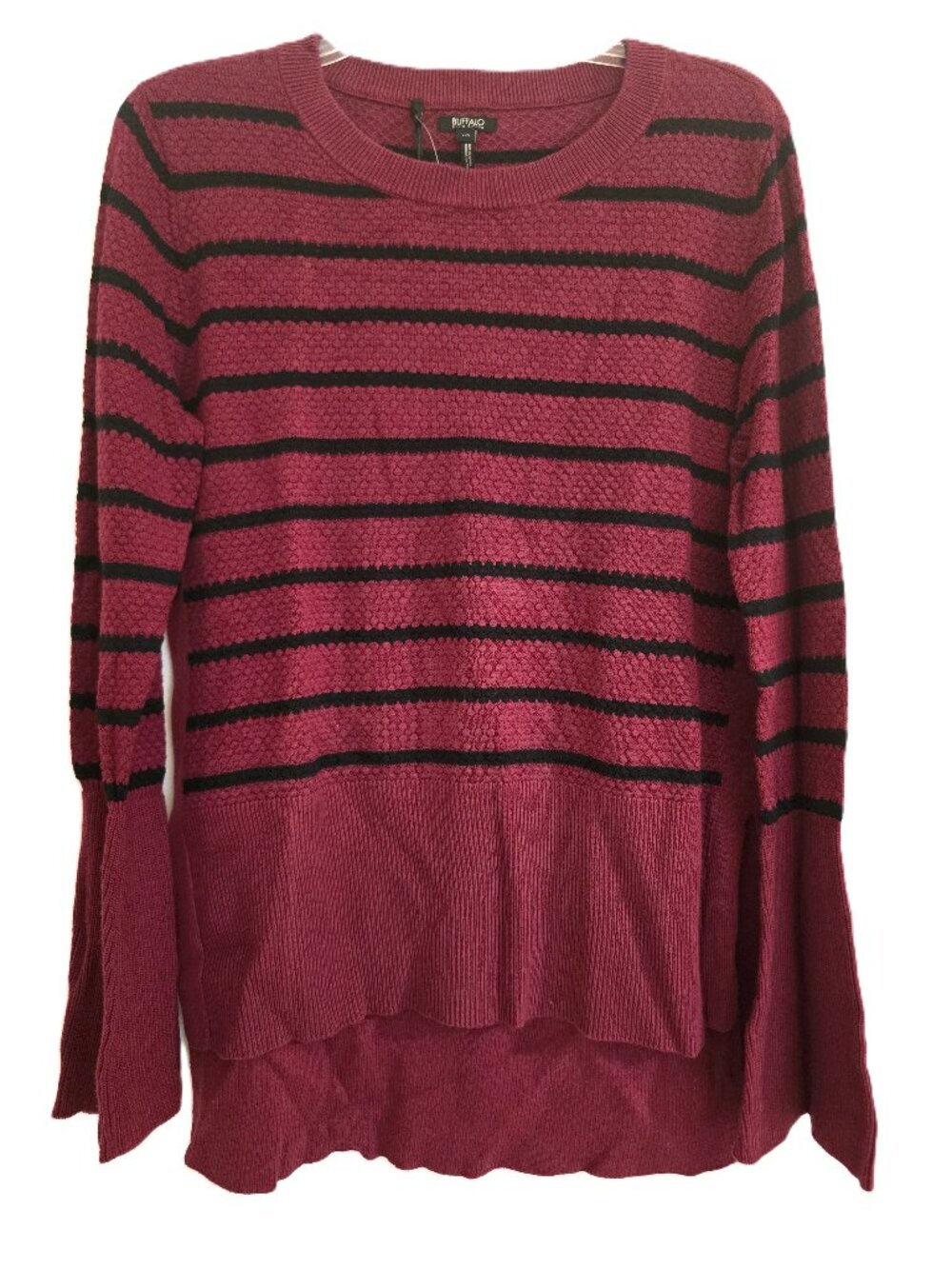 NWT Buffalo David Bitton Striped Knit Sweater Bell Sleeve High-Low Hem Large